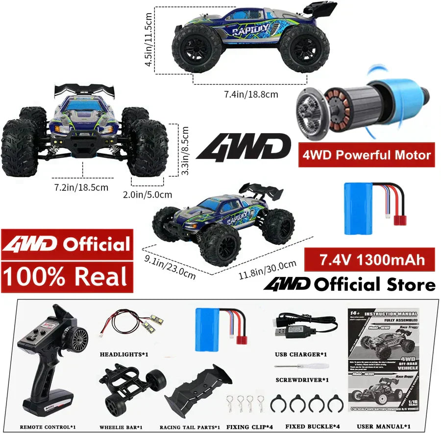 4WD 1:16 80KM/H Super Brushless 50KM/H Brushed RC Car 4x4 Off Road Remote Control High Speed Drift Racing Truck Toy Kids Adults