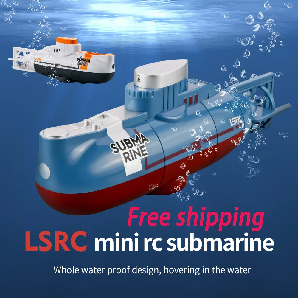 Mini RC submarine with waterproof design, speed remote control, blue and white model, perfect gift for kids.