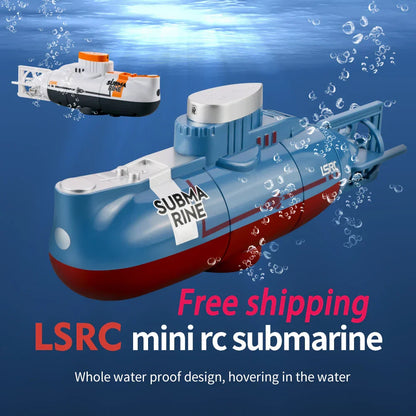 Mini RC submarine with waterproof design, speed remote control, blue and white model, perfect gift for kids.