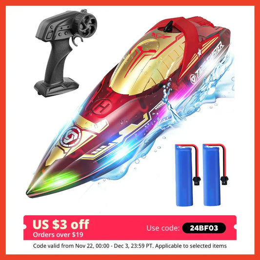 RC boat with LED lights, 2.4GHz remote, 80-minute runtime, capsize recovery feature, and water sensing technology; great summer toy.