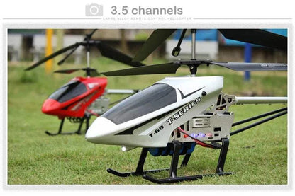 RC helicopter with remote control, 3.5 channel, durable alloy design, red and white models shown.