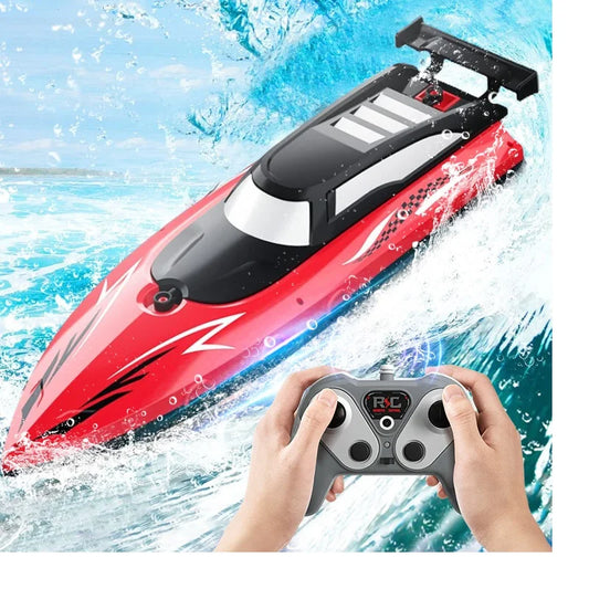 Remote control boat electric toy with controller on water.