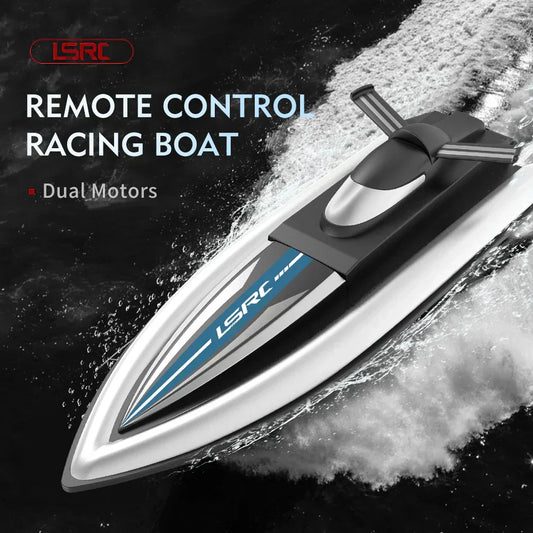 RC high-speed racing boat with dual motors on water surface.