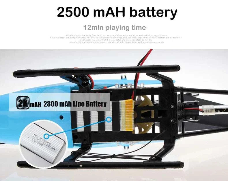 RC helicopter with 2300 mAh battery for extended playtime.