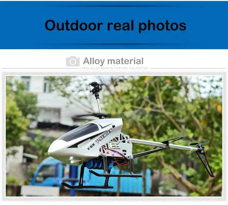 RC helicopter with alloy material in an outdoor setting.