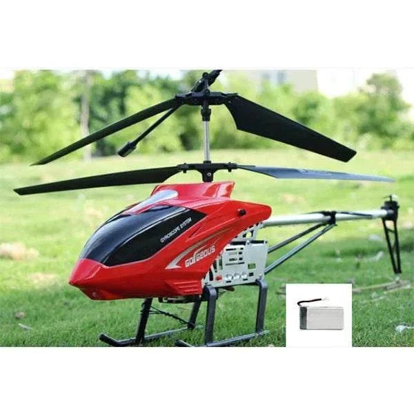 RC helicopter with remote control, red and black design, on green grass background.