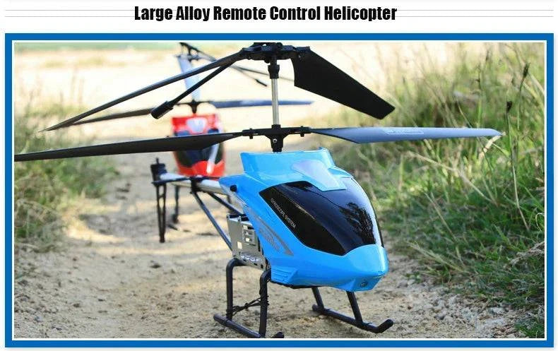 RC helicopter with remote control, blue and red models on grass, durable design, large alloy structure.