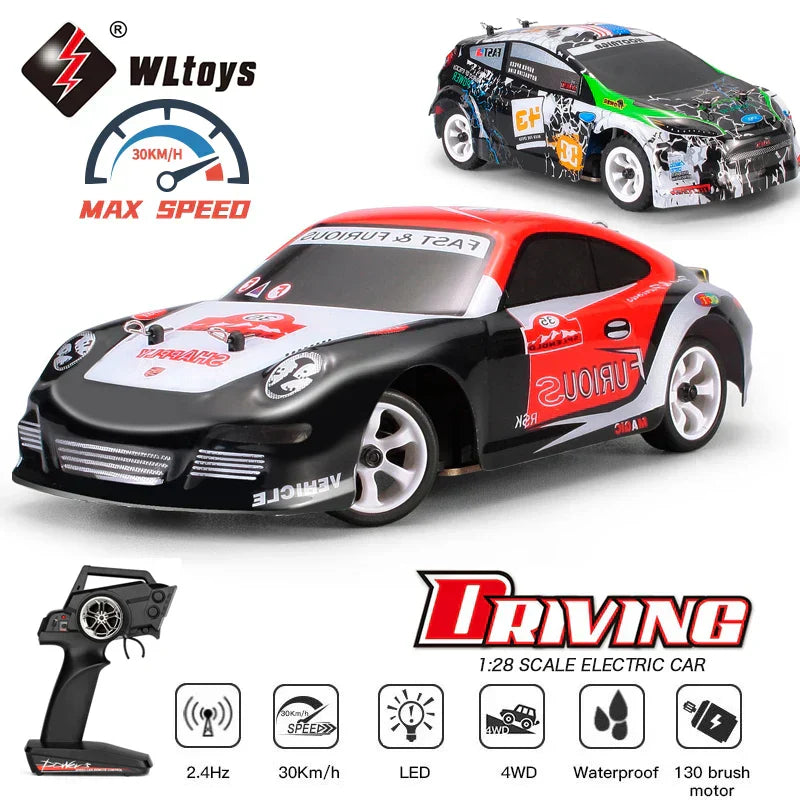 K969 1:28 4WD Mini RC Racing Car by WLtoys, high speed off-road with 2.4G remote control, lithium battery, and 30KM/H max speed.