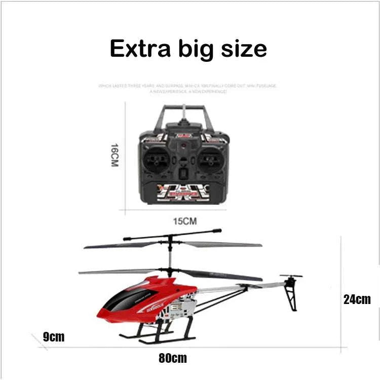 Extra durable RC helicopter with remote control, large size dimensions shown.