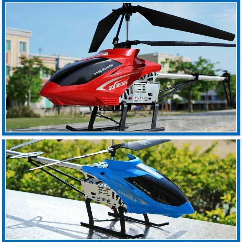 Durable RC Helicopter with remote control for outdoor use, available in multiple colors.